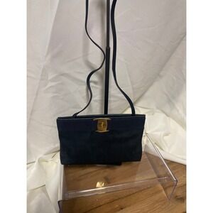 Salvatore Ferragamo Navy Suede Leather Clutch Bag Strap Gold Vara Bow Italy